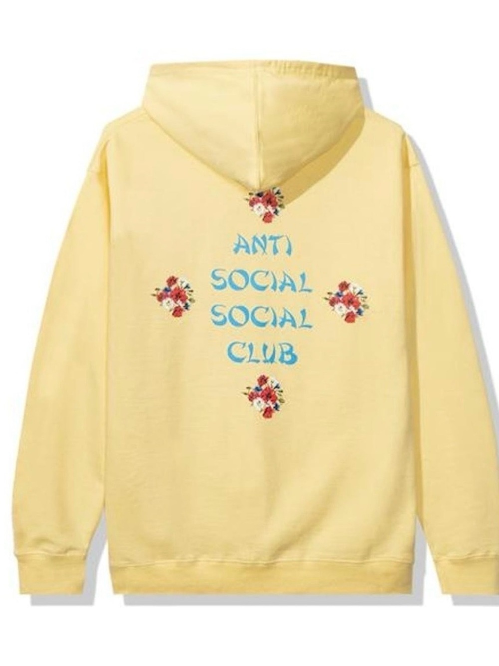 Anti Social Social Club Yellow Hoodie with Blue Logo and Red Floral Accents